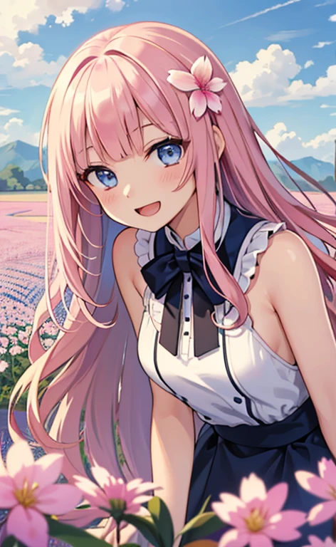 (masterpiece:1.4、top-quality、illustration:,realistic、)、(character focus、,upper body:1.3)、(1girl),(Open mouth happy smile:1.3),(),cute face,blue eyes、(tareme:1.3)、
,(leaning forward、sitt:1.4),(pink blonde hair),(very long hair:1.3)、
,(Flower Field、Flower storm:1.3),(loose dress:1.3),
(blunt bangs),(volumey,sidelocks,wavy hair:1.3), (small breasts:1.3)、
、slender、