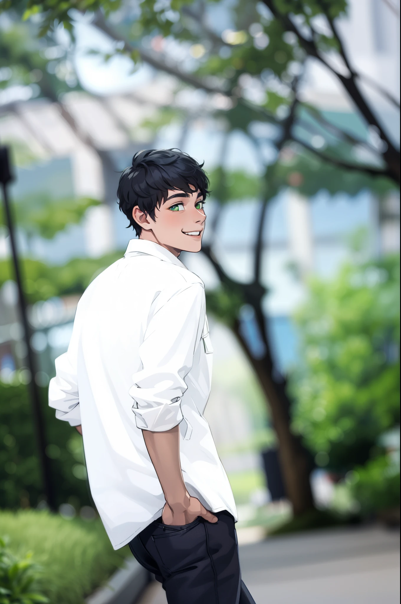 young 16 year old man smiles maliciously he has green eyes