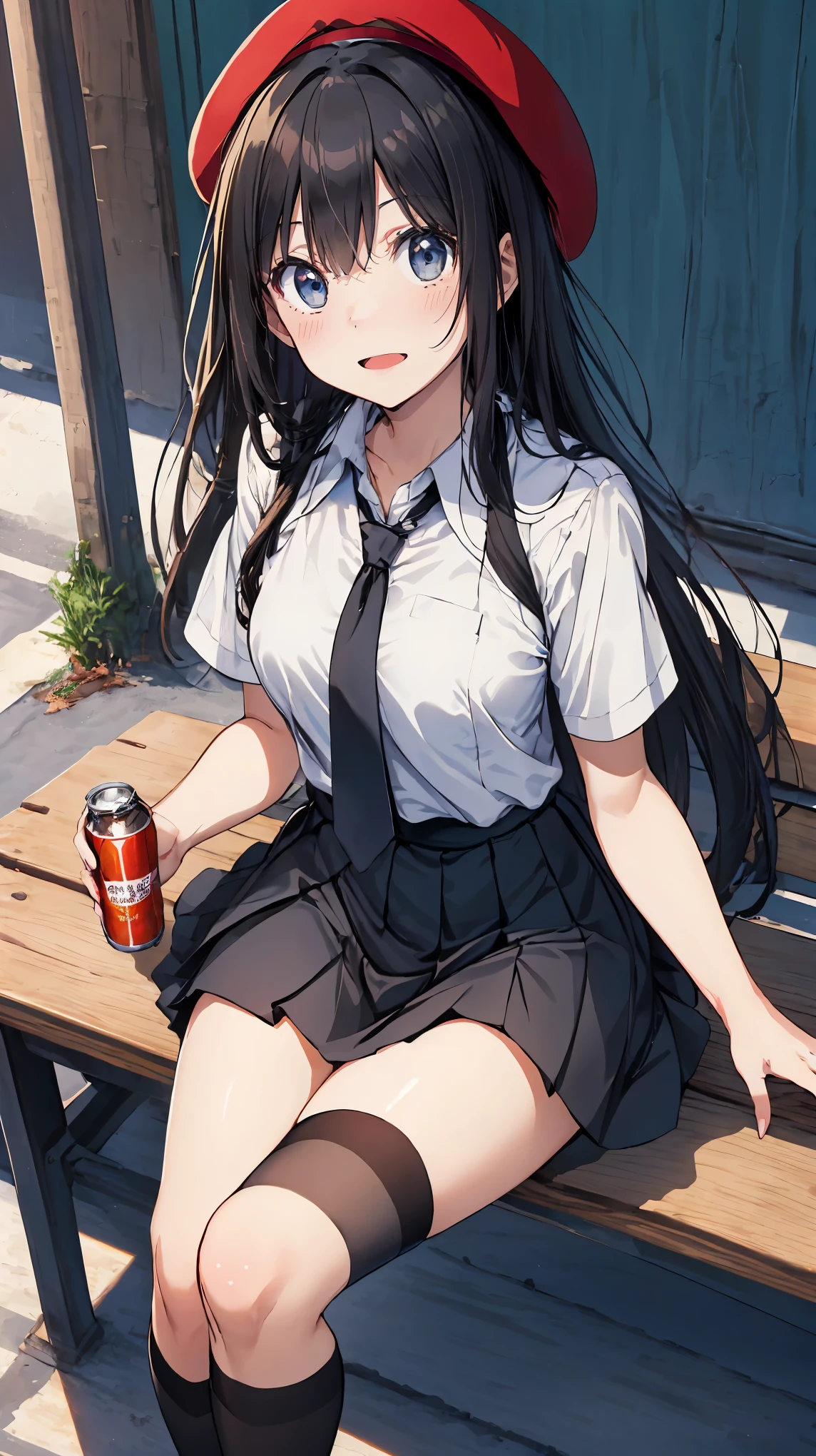 (masterpiece, best_quality), extremely detailed CG unity 8k wallpaper, super fine illustration, (anime_style), Woman posing for a photo, A shy smile, Small open mouth, Long Hair, Straight hair, Fine skin, Beautiful Hands, Beautiful fingers, Wearing a beret, tie, Small breasts, Short sleeve blouse, Pleated skirt, Thighs, Absolute area, Knee socks, Daytime, Hot summer day, School, Schoolyard, Sitting on a bench, holding Canned juice, Natural light, Detailed face:1.2, Sharp focus, Hasselblad Photos, masterpiece, light makeup, Cinematic lighting, 4k, sharpness, Anime Style, whole body, Canned juice, 