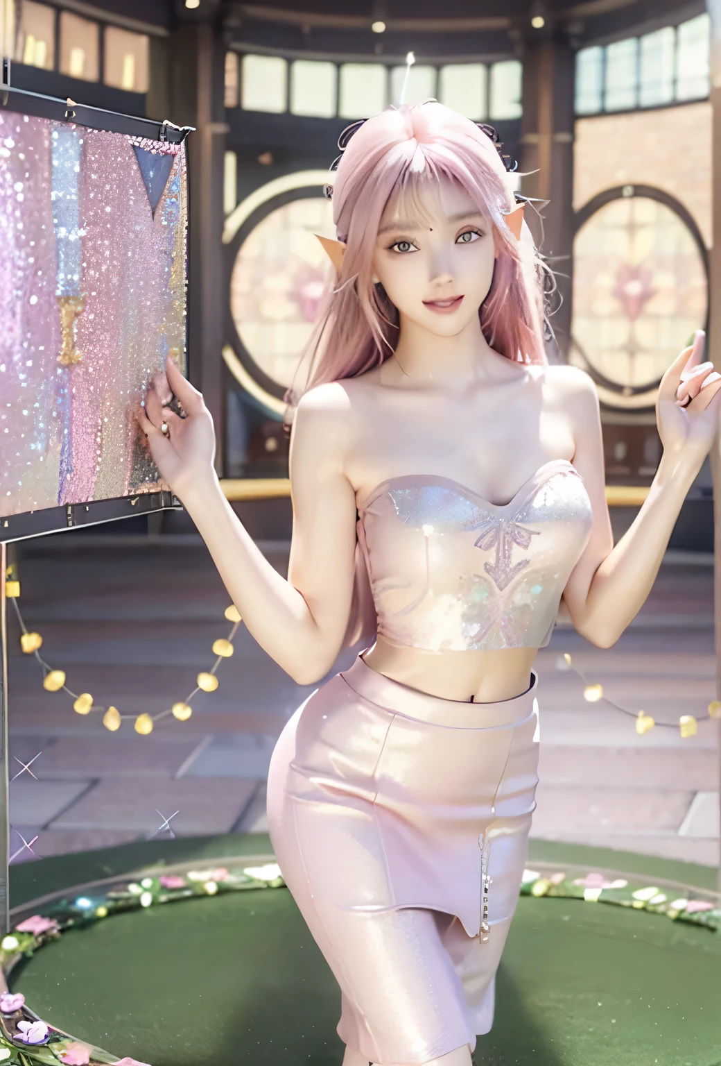 An innocent 20-year-old elf girl, (glitter pink tube Top:1.4), (Pencil Skirt:1.4), high heels, (Dramatic Pose),smile, (High Ponytail),natural Park、RAW Photos, (8k, highest quality, masterpiece:1.2), (Intricate details:1.4)、(Photorealistic:1.4), Octane Rendering, Complex 3D rendering with ultra-detail, Studio Soft Light, Rim Light, Vivid details, Super Detail, Realistic skin texture, Detailed aspect, Beautiful details in the eyes, Highly detailed CG Unity 16k wallpaper, compensate, (Detailed Background:1.2), Glowing Skin, whole body, ((thin legs)), small waist, Cleavage, (looking at viewer:3.0)
