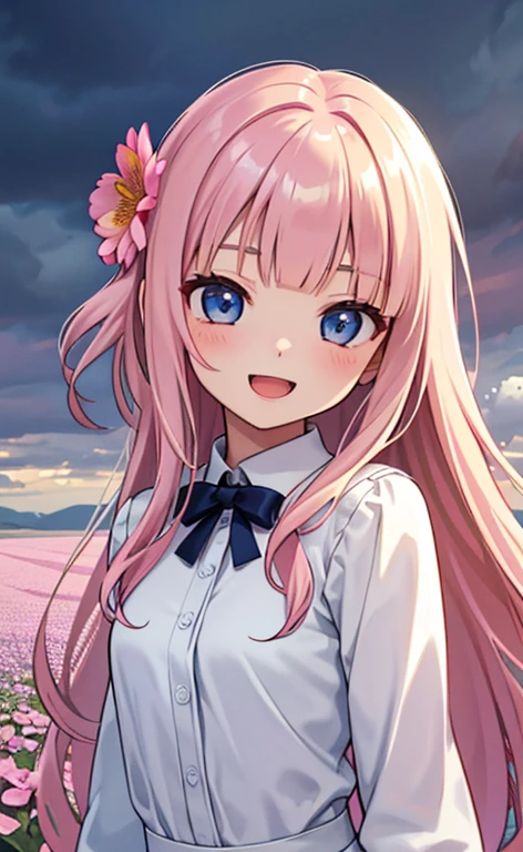 (masterpiece:1.4、top-quality、illustration:,realistic、)、(character focus、,upper body:1.3)、(1girl),(Open mouth happy smile:1.3),(),cute face,blue eyes、(tareme:1.3)、
,sitt:1.4),(pink blonde hair),(very long hair:1.3)、
,(Flower Field、Flower storm:1.3),(loose dress:1.3),
(blunt bangs),(volumey,sidelocks,wavy hair:1.3), (small breasts:1.3)、
、slender、