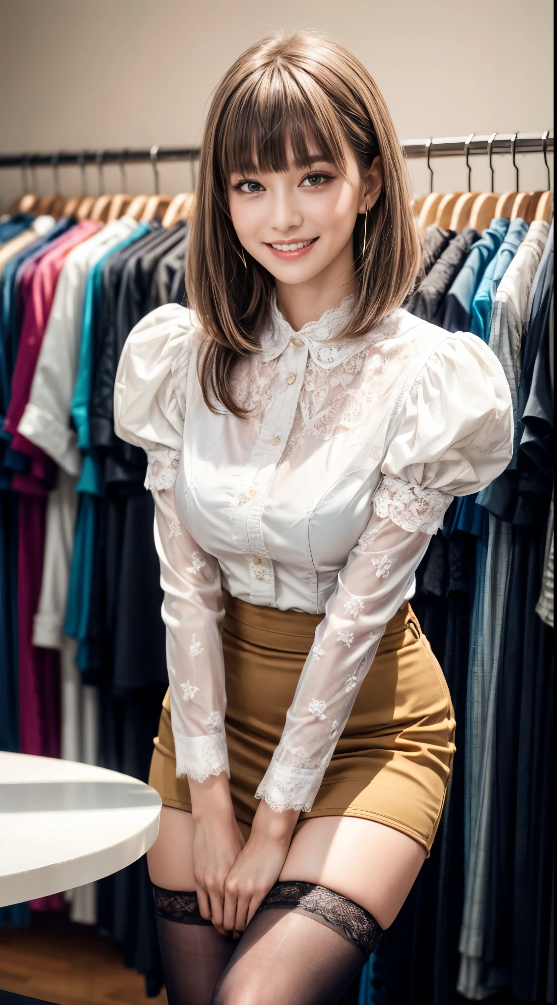 ((((Very short))))、Earrings、Collared shirt、((((Blunt bangs)))) ((Short bangs))、Shorn bangs、(((Inside a stylish secondhand clothing store)))、(masterpiece、highest quality、In 8K、32k、masterpiece、Super huge 、超A high resolution、Impressionism、Realistic:1.2)、Cowboy Shot、Sharp focus、Beautiful face with detailed background of face and eyelids、blue sky、Glowing Skin、Sharp pupils、Realistic eyes and beautiful face、Blurred Background、Beautiful 28 year old girl、Glowing Skin、(((bright and beautiful hair)))、iris、(((puff sleeve lace blouse)))、(Knee-length tight skirt)、Thighs、curve、Dynamic pose、Powerful composition、((smile))、((Calm expression))、sweating、((Pink-beige hair color))、High nose、(Small Mouth)、Skirt tearing、stockings、Pubic hair is visible、clerk、(Wearing a name tag)