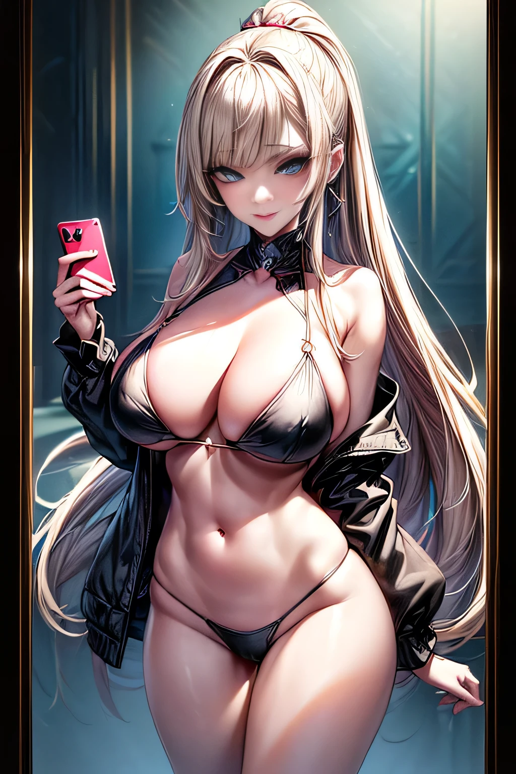 ((seductive))((majestic, Magnificent)) ((beautiful face woman)) ((Big blue eyes)), ((dark eyeshadows make up)) ((red lips)), ((cute smile)) ((very long straight blonde hair pony tal with bangs))((big breast:1.6)) ((slender body:1.3)) ((wear black bikini)) ((jewerly, earrings)) ((taking a selfie in front mirror)), ((high definition:1.5), ((masterpiece:1.5))((8k:1.5)) ((Best quality:1.4)), more_details:-1, more_details:0, more_details:0.5, more_details:1, more_details:1.5, more prism, vibrant color