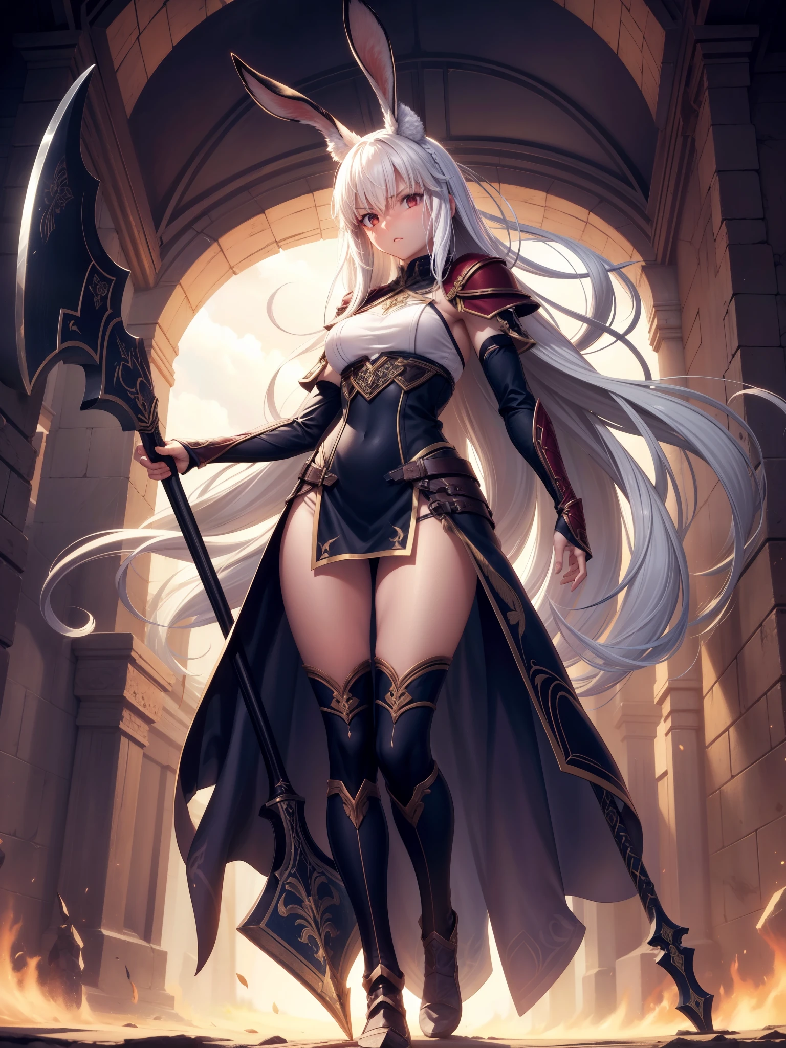 score_9, score_8_up, score_7_up,     viera, solo, tall, marauder, warrior, holding a giant axe, red trim, a woman with white hair, Brom, beautifully backlit, fantasy art, dark skin, long hair, rabbit ears, white hair, atmospheric, sweat, full body, legs, view from below, 1girl, delicate and smooth skin, blush, perfect body, thighs, highly detailed, glossy lips,      concept art,     expressiveh