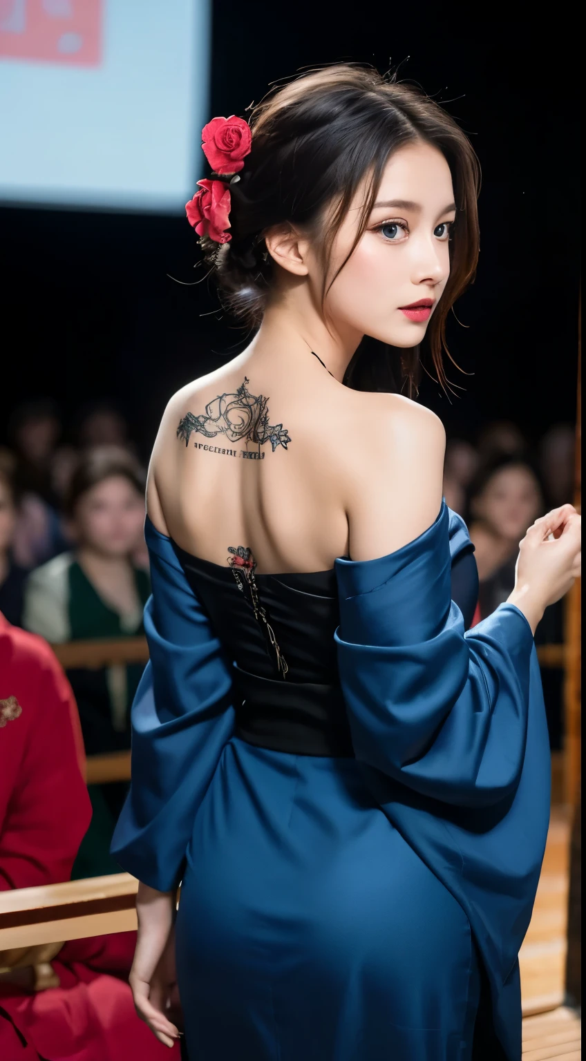 masterpiece, highest quality, highest quality, Official Art, beautifully、aesthetic:1.2),1 girl, tattoo, alone, kimono, red and black kimono, hair ornaments, unsheathing, Black Hair, sheath, back tattoo, dragon tattoo, blue eyes, Off the shoulder, Exposing shoulders, Looking Back, From behind, flower, Looking at the audience, Holding, compensate, Outdoor,