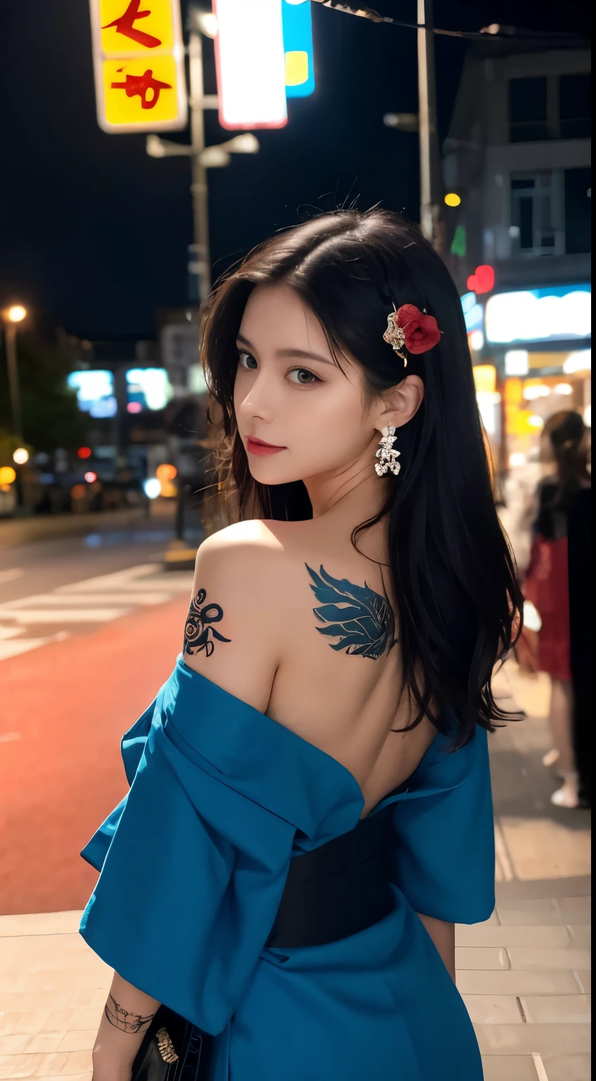 masterpiece, highest quality, highest quality, Official Art, beautifully、aesthetic:1.2),1 girl, tattoo, alone, kimono, red and black kimono, hair ornaments, unsheathing, Black Hair, sheath, back tattoo, dragon tattoo, blue eyes, Off the shoulder, Exposing shoulders, Looking Back, From behind, flower, Looking at the audience, Holding, compensate, Outdoor,