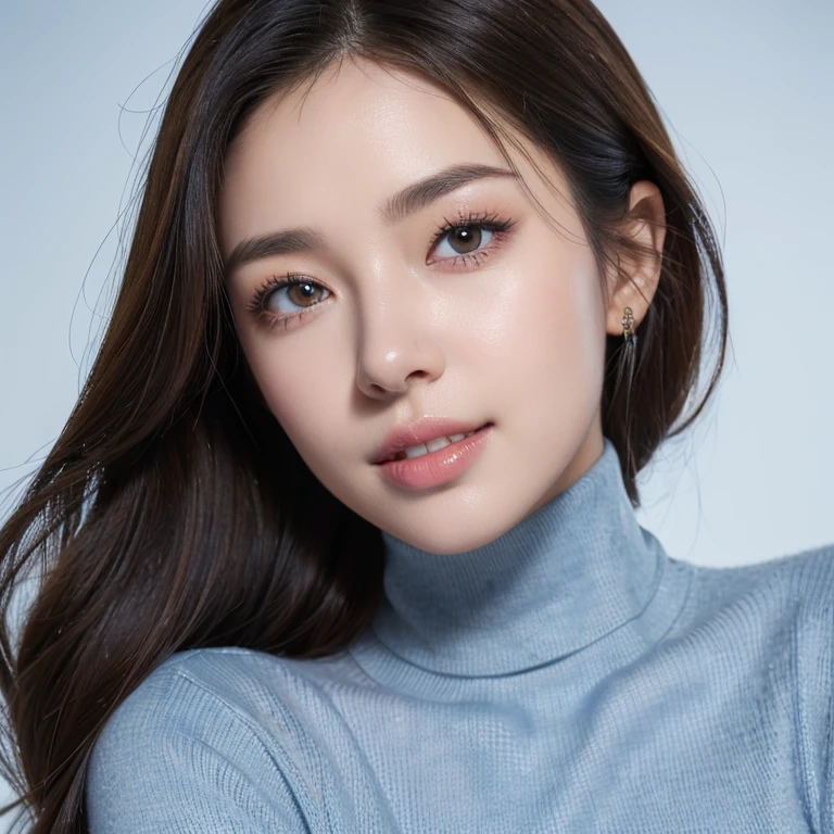(8k, RAW Photos, highest quality, masterpiece, Realistic, Photorealistic), (1 female), (Ultimate beauty), Highly detailed face, (Perfect Teeth), Beautiful Eyes, double eyelid, eyelash, smile, Lip details, brunette bob, The light shines on your face, Big Breasts, ((Turtleneck sweater)), ((upper body)), (background: blue color empty background)
