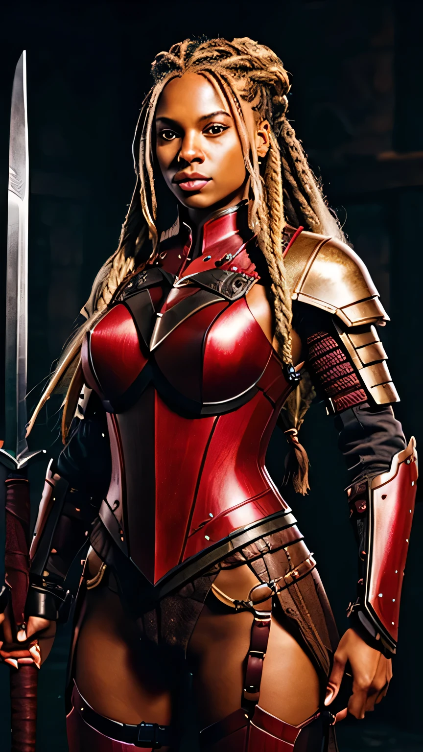 dark-skinned woman, with long blonde dreadlocked hair, ponytail, light brown pupils, Viking, red touches on her armor. Wild touches, she holds a pair of blades in her hands. Red armor.