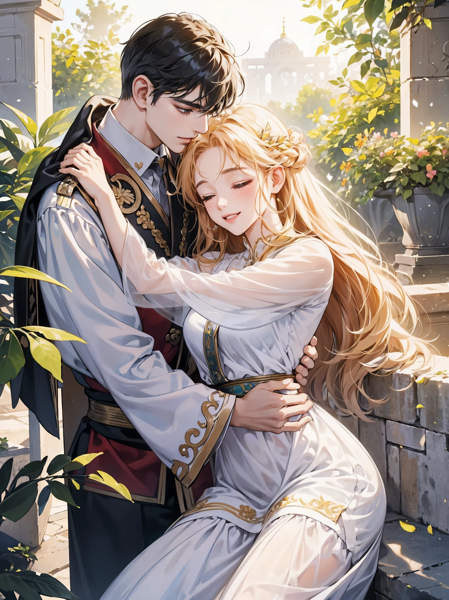 masterpiece, 最high quality, high quality, Highly detailed CG Unity 8k wallpaper, A happy couple、Emperor Constantine the Great of Rome, eternal love with Minervina, scenes of happy lovers, warm and strong embraces, bliss of love, excitement, lyrical, heartfelt, dramatic, romantic, beautiful white garments, golden belts, high vibrations, pure love, the splendor of Greece and Rome, the light of heavenly Jerusalem, washing of the soul, purification of the heart, healing of the body, joy, happiness of love, heartfelt smiles, the happiness of forgiveness, gratitude, thankfulness, praying for everyone for love, redemption, forgiveness, healing, and tranquility. These are events on Earth. Everyone is happily spending time in their own heavens. Also, friendly and pleasant relationships, sacred atmosphere, paradise of greenery and flowers, heaven, blessings and protection, beautiful, shining, ultra-high quality, ultra-high resolution, ultra-fine, ultra-beautiful, masterpiece.