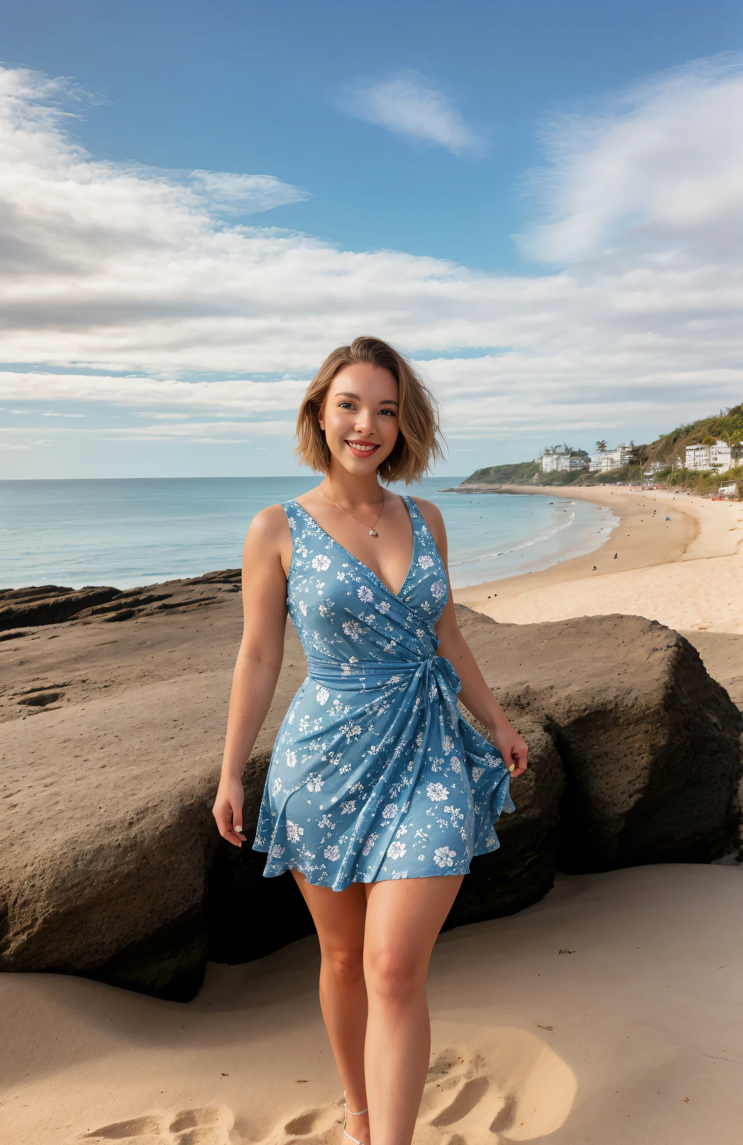 Autumn Nelson, masterpiece, best quality, 1girl, waist up, brown eyes, smile, lips, short blonde hair, closed mouth, wide hips, wearing a floral pattern dress, full length dress, background: beach with cliffs and blue sky, clouds , solo,