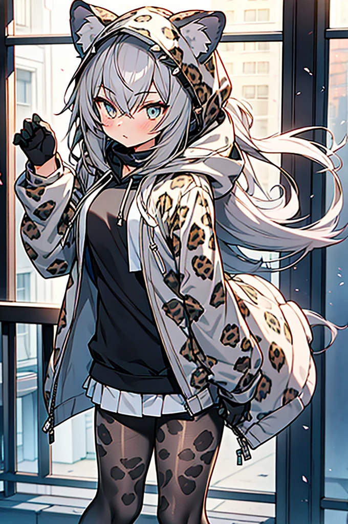 anime style,cute girl wearing hood,((gray_leopard_ears_hood)),
((gray_Leopard_print_pantyhose)),gray_leopard_paw_gloves,gray long hair,