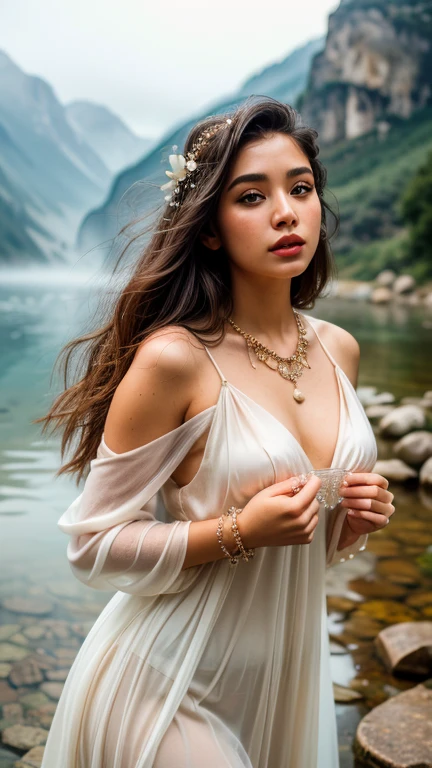 a gorgeous girl in a silk hijab in a misty mountains and a clean crystal water, floating lotus flowers, flowing silk dress, show the wind blowing her hijab and dress, necklace, bracelet, ring, detailed detail, real skin texture, realistic image, ultra sharp,