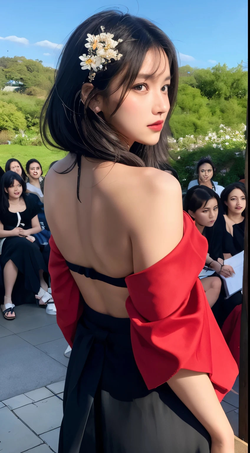 masterpiece, highest quality, highest quality, Official Art, beautifully、aesthetic:1.2),1 girl, alone, kimono, red and black kimono, hair ornaments, unsheathing, Black Hair, sheath, blue eyes, Off the shoulder, Exposing shoulders, Looking Back, From behind, flower, Looking at the audience, Holding, Makeup, Outdoor,