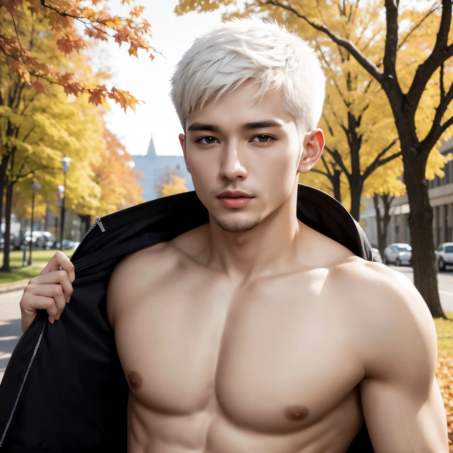 Men , six pack, white short hair, portrait, fall
