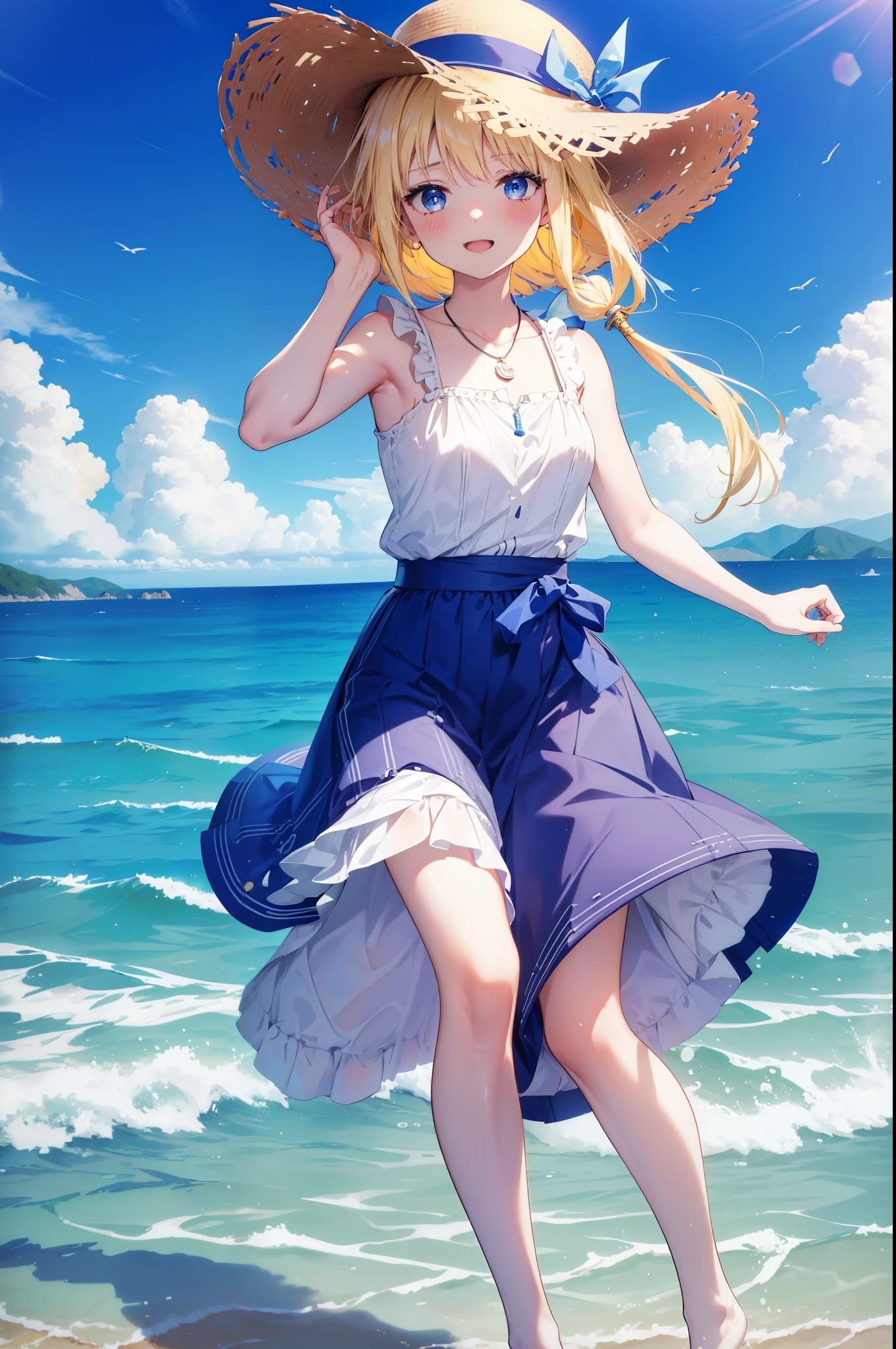 Arisburg, Alice Zuberg, bangs, blue eyes, Blonde, Hair between the eyes, Very long hair, hair band, white hair band,Sleeveless blue dress,Blue long skirt,Bare neck,Locket Necklace,barefoot,Straw hat,happy smile, smile, Open your mouth,Daytime,sunny,True Summer,whole bodyがイラストに入るように,Strolling on the sandy beach,
break outdoors ,Coastal Road,In town,crowd, people々々々,
break looking at viewer,whole body,
break (masterpiece:1.2), highest quality, High resolution, unity 8k wallpaper, (shape:0.8), (Beautiful and detailed:1.6), Highly detailed face, Perfect lighting, Extremely detailed CG, (Perfect hands, Perfect Anatomy),