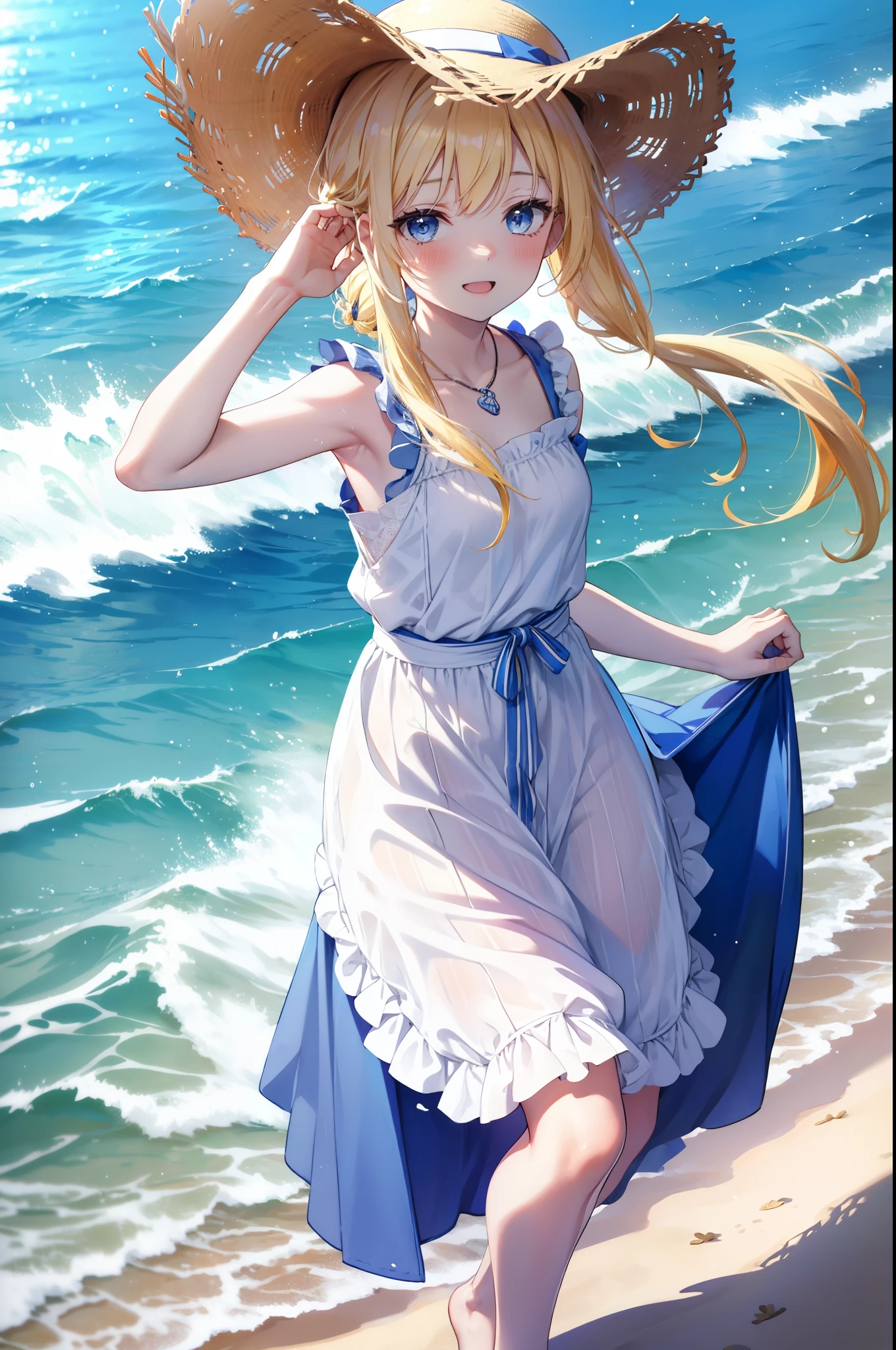 Arisburg, Alice Zuberg, bangs, blue eyes, Blonde, Hair between the eyes, Very long hair, hair band, white hair band,Sleeveless blue dress,Blue long skirt,Bare neck,Locket Necklace,barefoot,Straw hat,happy smile, smile, Open your mouth,Daytime,sunny,True Summer,whole bodyがイラストに入るように,Strolling on the sandy beach,
break outdoors ,Coastal Road,In town,crowd, people々々々,
break looking at viewer,whole body,
break (masterpiece:1.2), highest quality, High resolution, unity 8k wallpaper, (shape:0.8), (Beautiful and detailed:1.6), Highly detailed face, Perfect lighting, Extremely detailed CG, (Perfect hands, Perfect Anatomy),