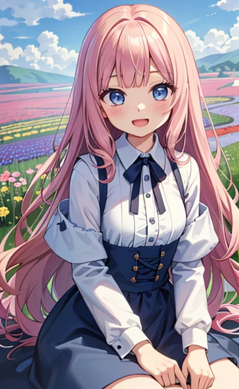 (masterpiece:1.4、top-quality、illustration:,realistic、)、(character focus、,upper body:1.3)、(1girl),(Open mouth happy smile:1.3),(),cute face,blue eyes、(tareme:1.3)、
(sit:1.4),(pink blonde hair),(very long hair:1.3)、
,(Flower Field、Flower storm:1.3),(loose dress:1.3),
(blunt bangs),(volumey,sidelocks,wavy hair:1.3), (small breasts:1.3)、
、slender、