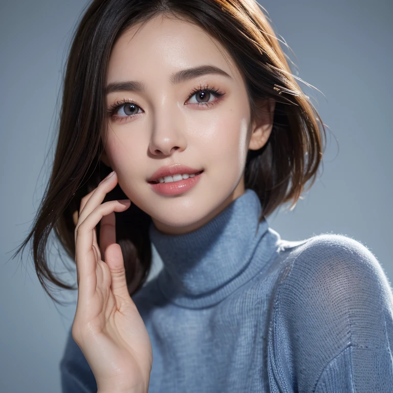 (8k, RAW Photos, highest quality, masterpiece, Realistic, Photorealistic), (1 female), (Ultimate beauty), Highly detailed face, (Perfect Teeth), Beautiful Eyes, double eyelid, eyelash, smile, Lip details, brunette bob, The light shines on your face, Big Breasts, ((Turtleneck sweater)), ((upper body)), (background: blue color empty background)