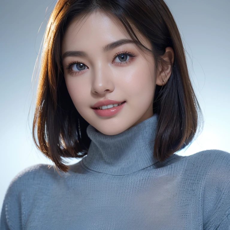 (8k, RAW Photos, highest quality, masterpiece, Realistic, Photorealistic), (1 female), (Ultimate beauty), Highly detailed face, (Perfect Teeth), Beautiful Eyes, double eyelid, eyelash, smile, Lip details, brunette bob, The light shines on your face, Big Breasts, ((Turtleneck sweater)), ((upper body)), (background: blue color empty background)