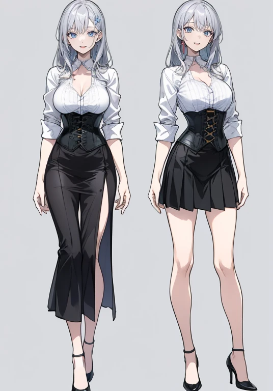 silver hair,Long hair,Adult female,Bartender,((Rolling up your sleeves shirt)),(Corset),(Tight skirt),High heels,((Simple background)),Smile,((Full body)),((whole body)),Character Sheet,Arms slightly open