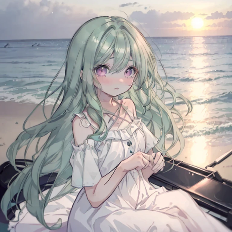 1 girl,Mint green hair,Long Hair,Curly Hair,Pink Eyes,Round eyes,cute,play piano,Look to the side,Sunset sea,beach,White Dress,Sad look,to tears,painful,1 girl