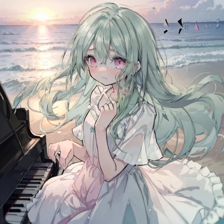 1 girl,Mint green hair,Long Hair,Curly Hair,Pink Eyes,Round eyes,cute,play piano,Look to the side,Sunset sea,beach,White Dress,Sad look,to tears,painful,1 girl
