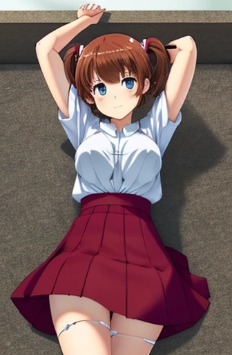A Female robot is sleeping in the book, spread legs, nude, banzai pose. she wears no dress. She Brown short hair is tied with two big red clothespins, She lifts up the under hem of her white plain dress, leaning over, masterpiece, very short pigtails,brown hair, mature, android, blue eyes, full body figure, Height: 160cm, flushed cheeks, 2020s anime picture, A beautiful robot with short brown hair in two short pigtails held up by two very large huge red clothespins, Uplifting, No NSFW, whole body, barefoot, archaic smile, getting orgasm, 25 years old, sweat bucket. short sleeve shirt, pleated skirt, beautiful scenery, evening, skirt lift, no panties, genitals visible, full body shot, sexy face, inverted nipples.