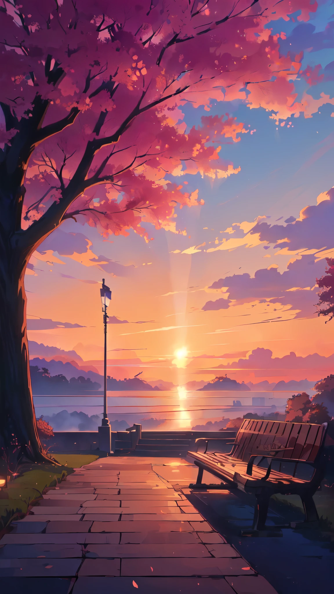 there is a street light that is next to a tree, anime beautiful peace scene, beautiful anime scene, beautiful anime scenery, anime background art, anime art wallpaper 4 k, anime art wallpaper 4k, anime art wallpaper 8 k, beautiful art uhd 4 k, beautiful anime, anime wallpaper 4k, anime wallpaper 4 k, anime scenery, anime landscape wallpaper