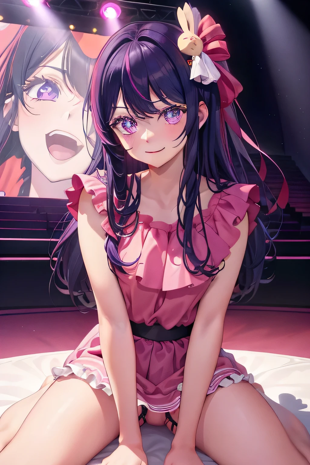 (masterpiece), highest quality, Expressive eyes, Perfect Face, High resolution, (8k), (Perfect Face), (Super detailed), Hoshino Ai, Long Hair, Purple Hair, Striped Hair ,Purple eyes, Star-shaped pupils, hair ornaments, Frills, pink shirt, smile, No sleeve, shirt, Idol, illumination, Colorful, Concert atmosphere, Are standing, Portraiture, Stage Background, Pause, Looking at the audience, whole body、(((Panty shot、Sit on your knees)))