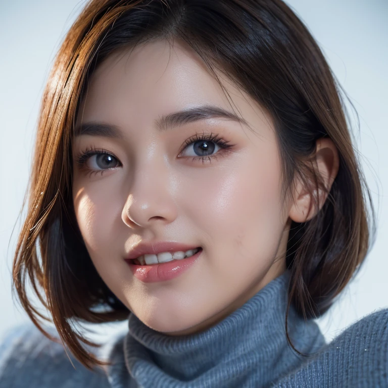 (8k, RAW Photos, highest quality, masterpiece, Realistic, Photorealistic), (1 female), (Ultimate beauty), Highly detailed face, (Perfect Teeth), Beautiful Eyes, double eyelid, eyelash, smile, Lip details, brunette bob, The light shines on your face, Big Breasts, ((Turtleneck sweater)), ((upper body)), (background: blue color empty background)