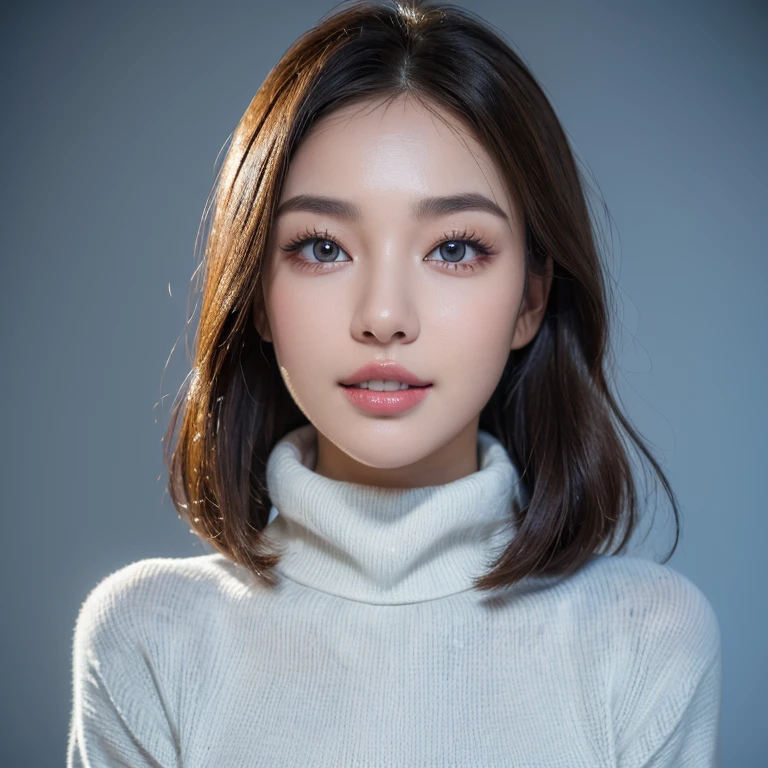 (8k, RAW Photos, highest quality, masterpiece, Realistic, Photorealistic), (1 female), (Ultimate beauty), Highly detailed face, (Perfect Teeth), Beautiful Eyes, double eyelid, eyelash, smile, Lip details, brunette bob, The light shines on your face, Big Breasts, ((Turtleneck sweater)), ((upper body)), (background: blue color empty background)