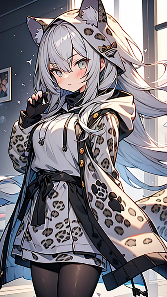 anime style,cute girl wearing hood,(gray_leopard_ears_hood),
(gray_Leopard_print_pantyhose),gray_leopard_paw_gloves,gray long hair,