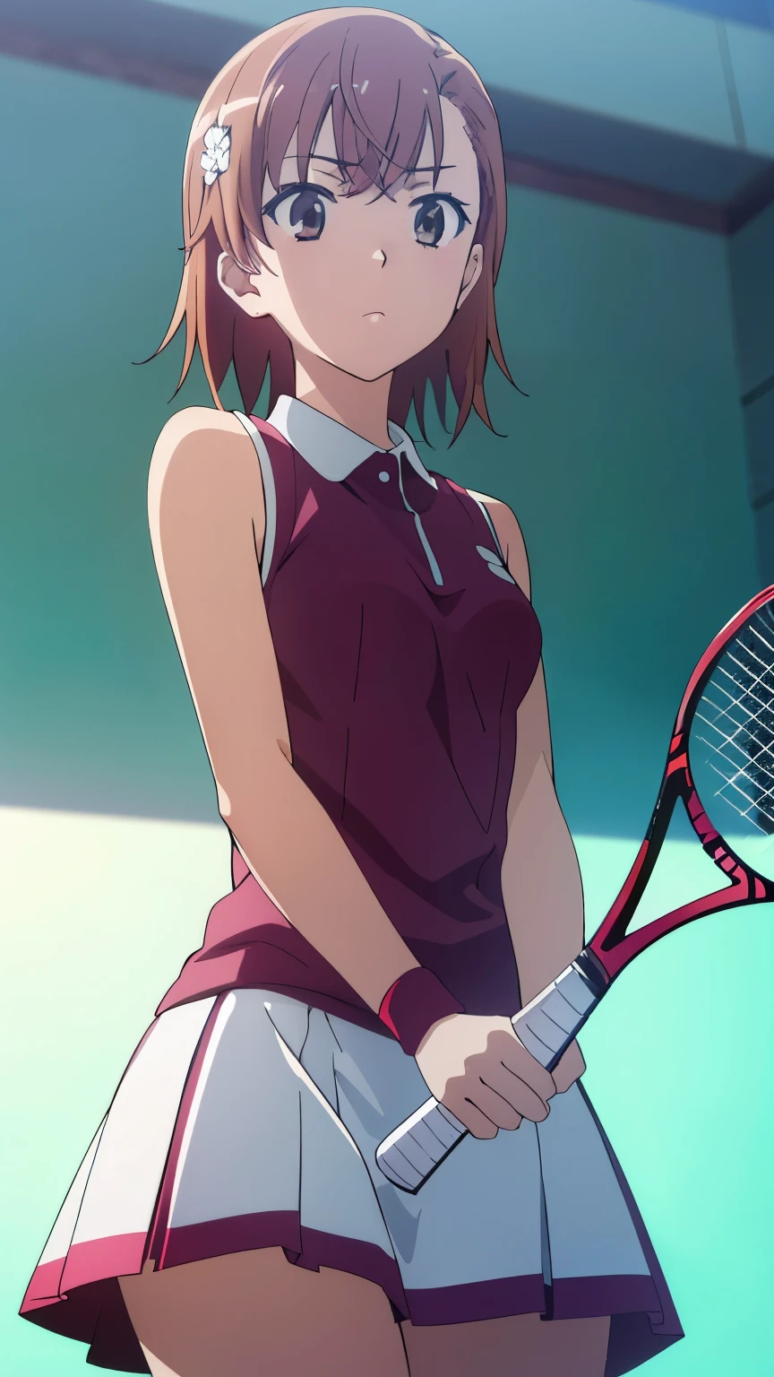(highest quality, 8k, High resolution, masterpiece:1.2), Anime art style, colorful, Hyper Detail, misaka mikoto, Short Hair, 1 girl, Perfect Face, eye_Light_big, Small medium breasts, Soft look, alone, (Tennis Wear,From below,Tennis court,Daytime), Dynamic Angle, Watching the audience,