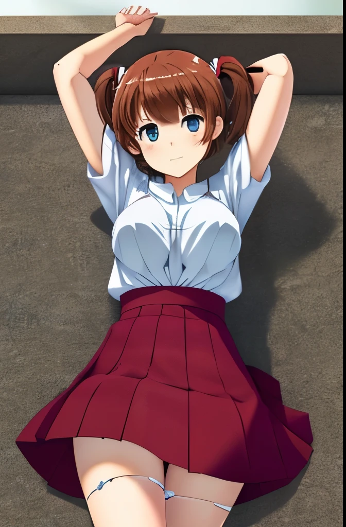 A Female robot is sleeping in the book, ???????????, ????, banzai pose. she wears ????????. She Brown short hair is tied with two big red clothespins, She lifts up the under hem of her white plain dress, leaning over, masterpiece, very short pigtails,brown hair, mature, android, blue eyes, full body figure, Height: 160cm, flushed cheeks, 2020s anime picture, A beautiful robot with short brown hair in two short pigtails held up by two very large huge red clothespins, Uplifting, No ????, whole body, barefoot, archaic smile, getting ??????, 25 years old, sweat bucket. short sleeve shirt, pleated skirt, beautiful scenery, evening, skirt lift, no panties, ???????? visible, full body shot, ???? face, inverted ???????.