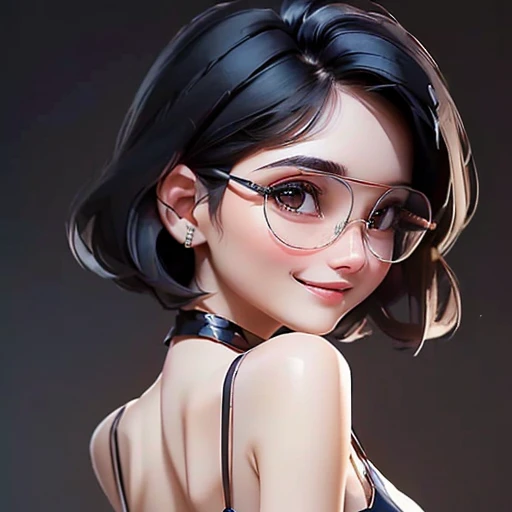 (masterpiece), (8k, best quality, high resolution), (ultra-detailed, realistic), (anatomically correct),
((Portrait)), (Standing), (((looking back))), (No background),
(1woman), (looking at viewer), (show your back),
(A Japanese woman, 30 years old and 155cm tall.),
(black hair), (straight hair), (short hair style), (bob cut), (hair behind ears),
(wear glasses), ((black cell frame glasses)),
((Wear a navy blue spaghetti strap dress)),((Mini length dress with a simple design and minimal decoration)),
(Create a detailed image of the eye),
(Her impression is pure, clean and kind.),
((A captivating smile, just showing a few teeth.)),