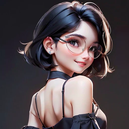 (masterpiece), (8k, best quality, high resolution), (ultra-detailed, realistic), (anatomically correct),
((Portrait)), (Standing), (((looking back))), (No background),
(1woman), (looking at viewer), (show your back),
(A Japanese woman, 30 years old and 155cm tall.),
(black hair), (straight hair), (short hair style), (bob cut), (hair behind ears),
(wear glasses), ((black cell frame glasses)),
((Wear a navy blue spaghetti strap dress)),((Mini length dress with a simple design and minimal decoration)),
(Create a detailed image of the eye),
(Her impression is pure, clean and kind.),
((A captivating smile, just showing a few teeth.)),