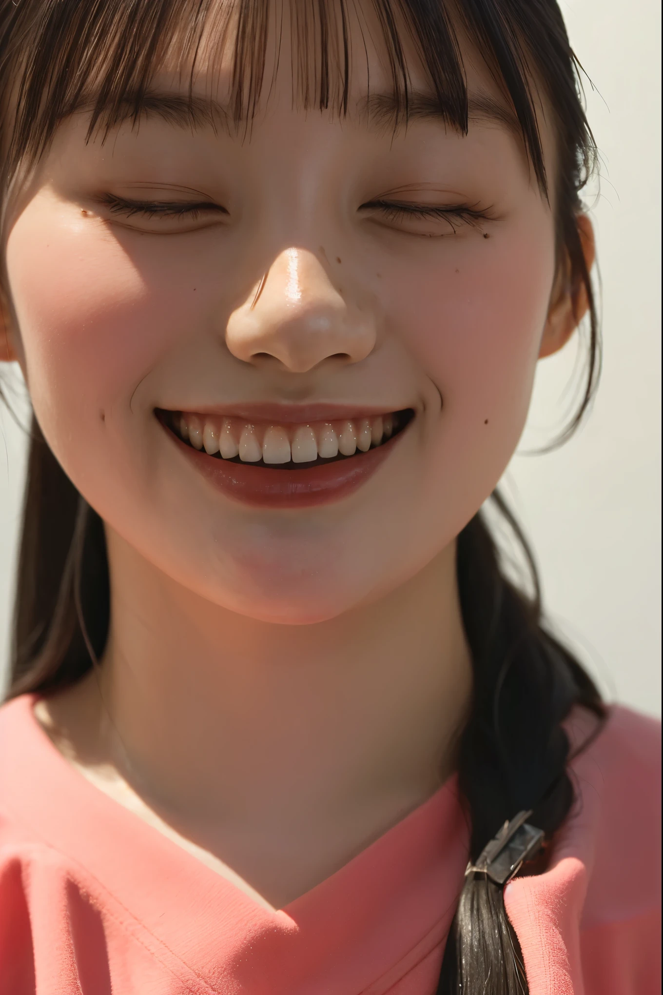 ((((close up)))),Ultra-high resolution,Japanese,bangs,(a girl),(1 girl),(((a face))),((18-year-old)),(grin with mouth),(long straight hair),((cute)),pretty,eyes closed