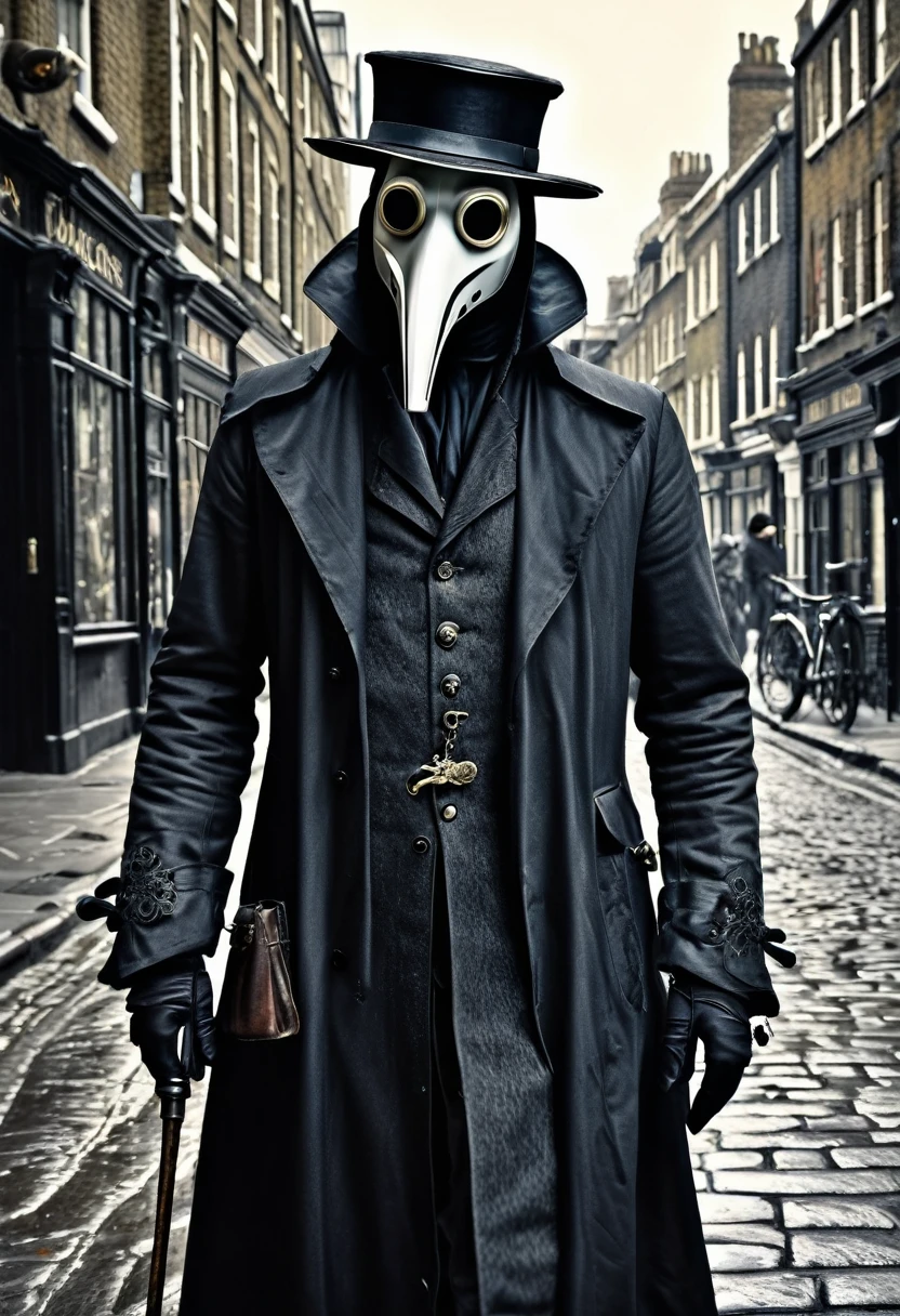 (best quality,4k,highres,masterpiece:1.2),ultra-detailed,(realistic,photorealistic,photo-realistic:1.37),intricate,victorian style,dark ambiance,HDR,plague doctor,old street of London,hyper detailed,better rendering of the plague doctor mask,