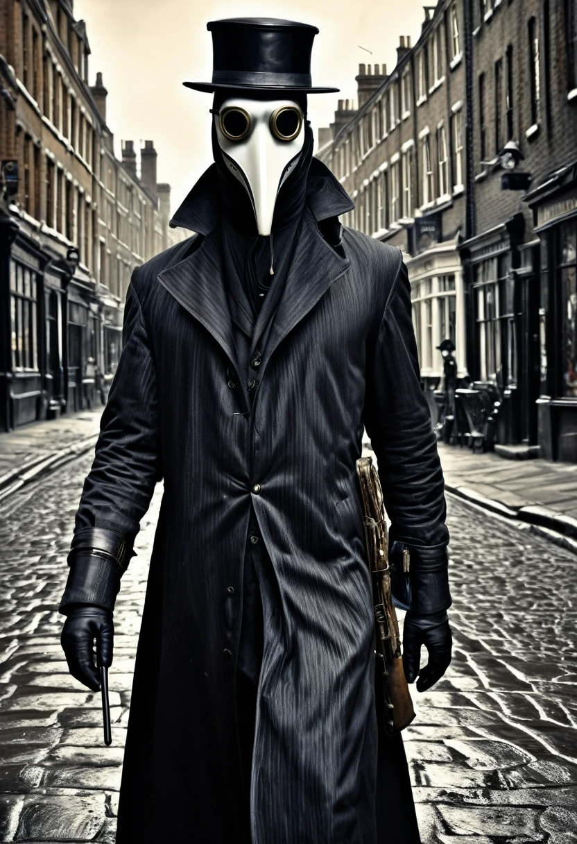 (best quality,4k,highres,masterpiece:1.2),ultra-detailed,(realistic,photorealistic,photo-realistic:1.37),intricate,victorian style,dark ambiance,HDR,plague doctor,old street of London,hyper detailed,better rendering of the plague doctor mask,
