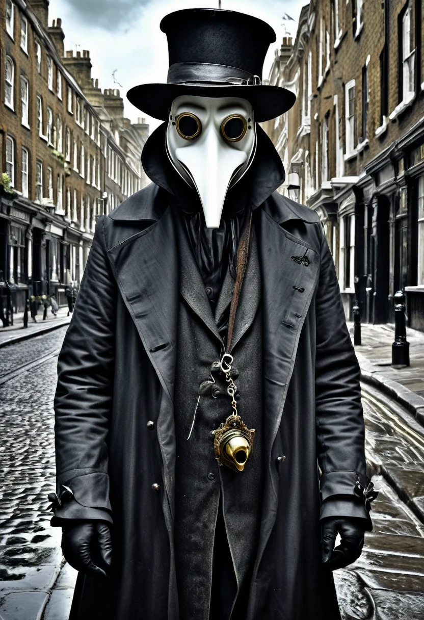 (best quality,4k,highres,masterpiece:1.2),ultra-detailed,(realistic,photorealistic,photo-realistic:1.37),intricate,victorian style,dark ambiance,HDR,plague doctor,old street of London,hyper detailed,better rendering of the plague doctor mask,