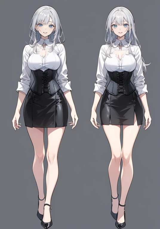 silver hair,Long hair,Adult female,Bartender,((Rolling up your sleeves shirt)),(Corset),(Tight skirt),High heels,((Simple background)),Smile,((Full body)),((whole body)),Character Sheet,Arms slightly open