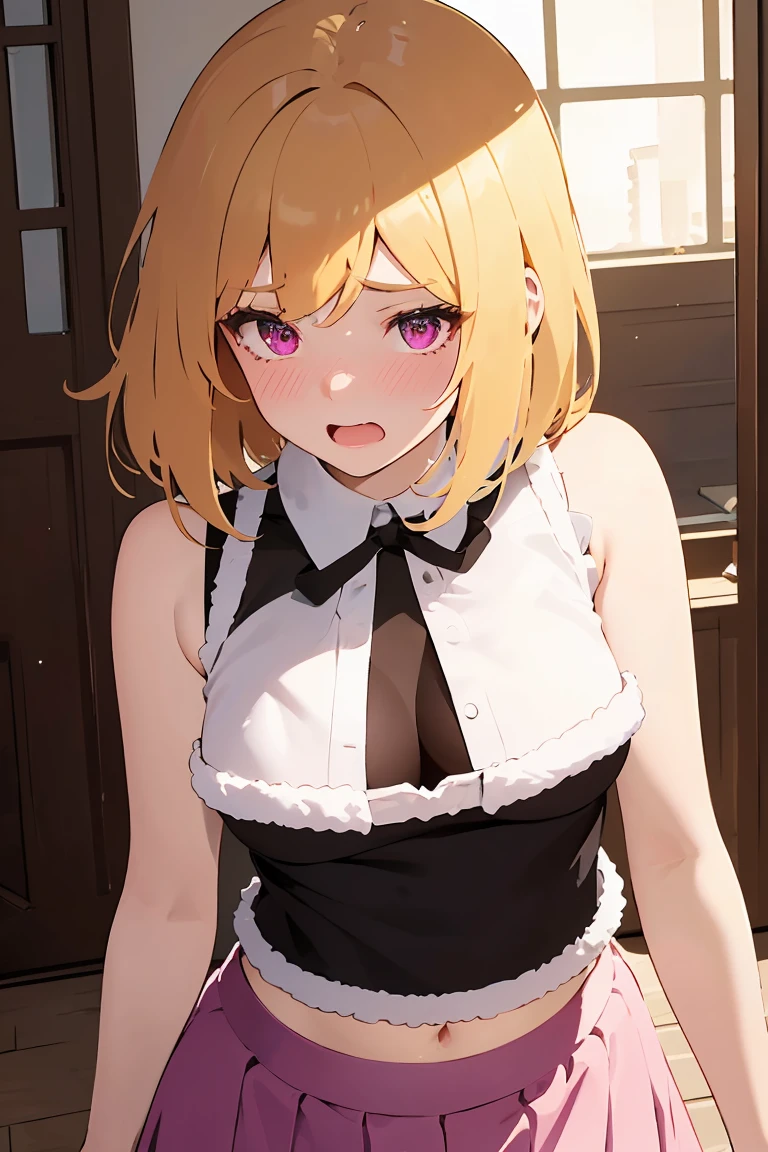masterpiece, absurdres, best quality, ultra detailed, high Resolution, detailed illustration, bright colour, (extremely beautiful detailed face and eyes, Delicate beautiful face, 1 girl, cute face:1.3), (magenta eyes:1.1), sparkling eyes, big eyes, medium breasts, (perky breasts:1.1), (pointy breasts:1.1), medium hips, glamorous body, white skin, BREAK, long bob cut, (blonde hair:0.8), messy hair, detailed hair, shiny hair, BREAK (sleeveless tubetop, fluffy skirt, down blouse:1.5), perfect lighting, (embarrassed:1.5), (ecstasy, vulgarity:1.5), (trembling:0.8),