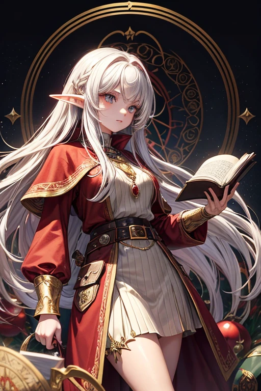 30 year old elf woman with long golden hair, long messy hairstyle with fringes, pointed elf ears, red medieval wizard clothes with gray eyes holding a book with red gems, magic circle ornaments, brown boots, brown leather belt, gem ornaments on forest background with magic symbols