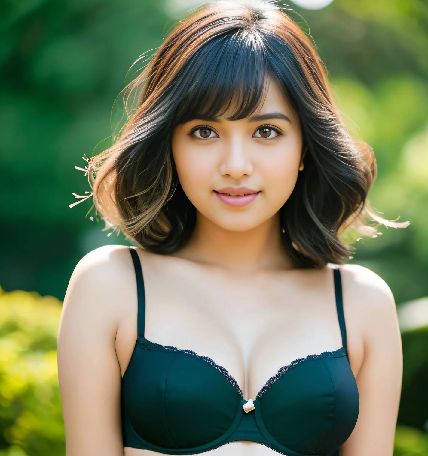 full body,(((desi girl))), chubby face, natural skin, wearing beautiful black bra and panty, charming black hair, ((hair ends are blonde)), greenary village background, bokeh
