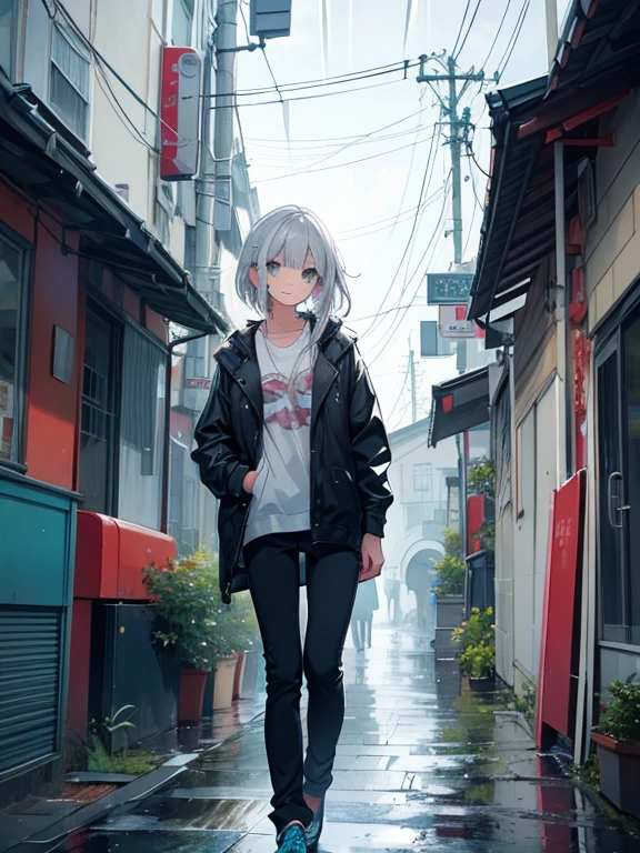 cute, masterpiece, highest quality, One girl, alone,Silver Hair, Small earrings Medium hair, casual,outside,rain,Artistic,An illustration,Pants Style,Line art,View your viewers,rainに濡れる,smile,Aqua Eye,Landscape
