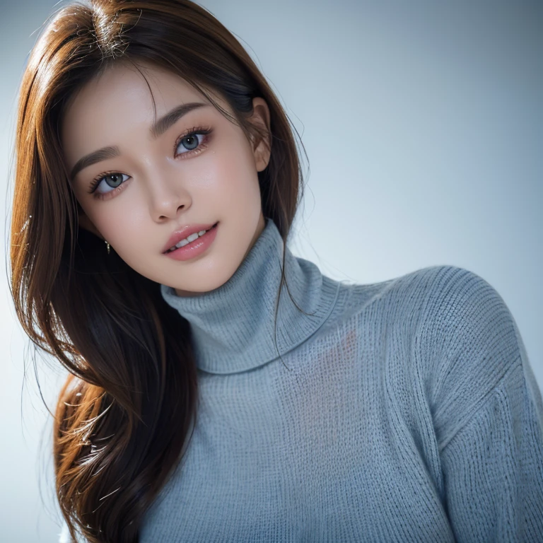 (8k, RAW Photos, highest quality, masterpiece, Realistic, Photorealistic), (1 female), (Ultimate beauty), Highly detailed face, (Perfect Teeth), Beautiful Eyes, double eyelid, eyelash, smile, Lip details, brunette bob, The light shines on your face, Big Breasts, ((Turtleneck sweater)), ((upper body)), (background: blue color empty background)