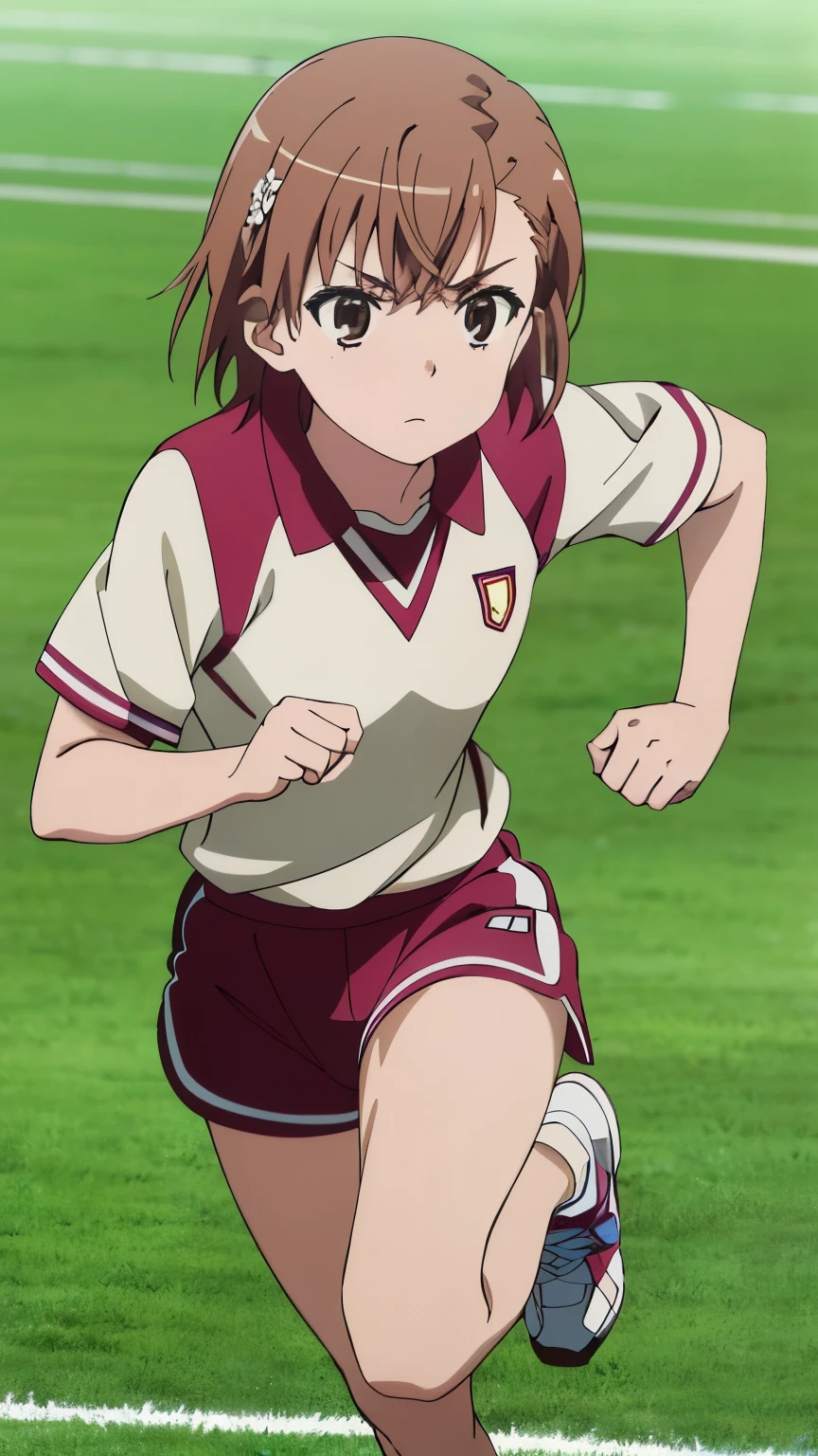 (highest quality, 8k, High resolution, masterpiece:1.2), Anime art style, colorful, Hyper Detail, misaka mikoto, Short Hair, 1 girl, Perfect Face, eye_Light_big, Small medium breasts, Soft look, alone, (Athletics part,athlete,athlete_uniform, running shoes), Dynamic Angle, Watching the audience,