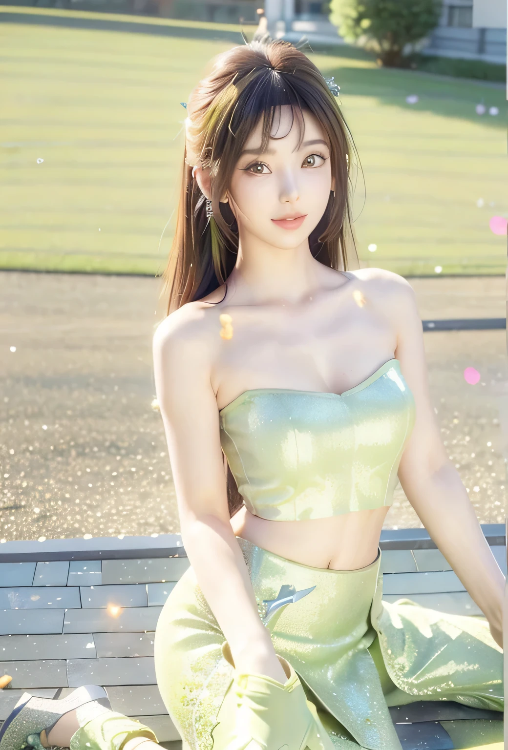 An innocent 20-year-old girl, (glitter lime green tube Top:1.4), (Pencil Skirt:1.4), (high heels:1.4), (Dramatic Pose),smile, (High Ponytail),natural Park、RAW Photos, (8k, highest quality, masterpiece:1.2), (Intricate details:1.4)、(Photorealistic:1.4), Octane Rendering, Complex 3D rendering with ultra-detail, Studio Soft Light, Rim Light, Vivid details, Super Detail, Realistic skin texture, Detailed aspect, Beautiful details in the eyes, Highly detailed CG Unity 16k wallpaper, compensate, (Detailed Background:1.2), Glowing Skin, whole body, ((thin legs)), small waist, Cleavage, (looking at viewer:3.0)