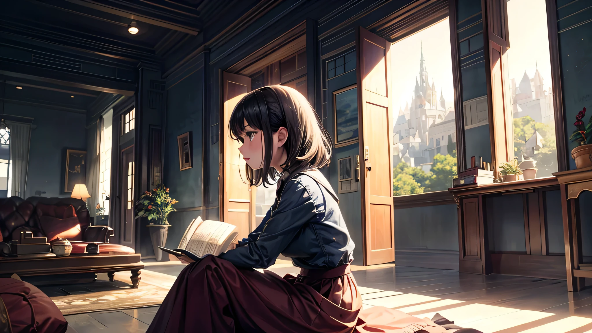 alone, Singular light, woman, face seen from the side, sideways, cosmic, fantsy, looking away:1.4, adult, busty, Ghibli-like design, living room, sitting, dark hair, studying, Completely, landscape orientation, side view, music
