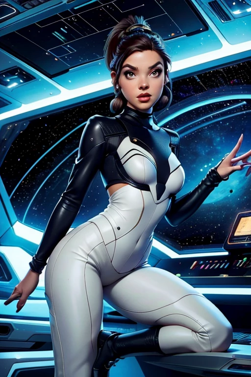 1 chica linda y hermosa, 20 years, de pie en una enorme nave espacial, Full of technology and futuristic interior., Open vision, lineas suaves, inspired by the movie space traveler, apariencia seductora, ultra high definition, piernas largas sexys